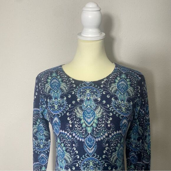 Garnet Hill 100% Merino Wool Blue Paisley Print Crewneck Sweater Women's Size S - Picture 13 of 15
